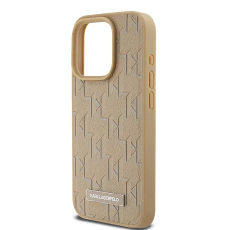 Husă spate Karl Lagerfeld din piele PU cu monogramă și logo metalic MagSafe pentru iPhone 14 Pro Max, bej