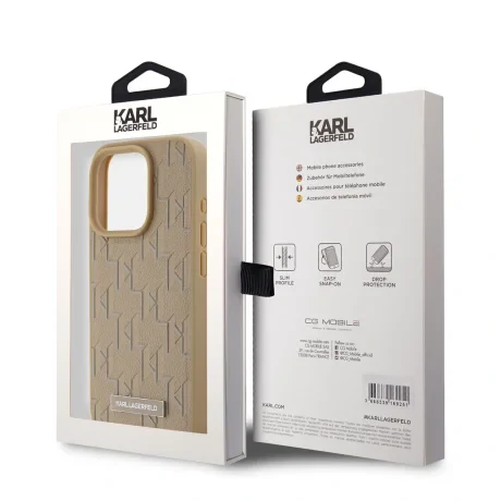 Husă spate Karl Lagerfeld din piele PU cu monogramă și logo metalic MagSafe pentru iPhone 14 Pro Max, bej