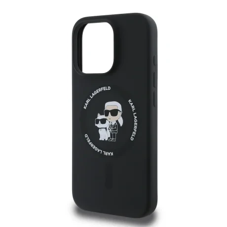 Husă spate Karl Lagerfeld din silicon lichid Karl and Choupette MagSafe pentru iPhone 16 Pro Max, neagră