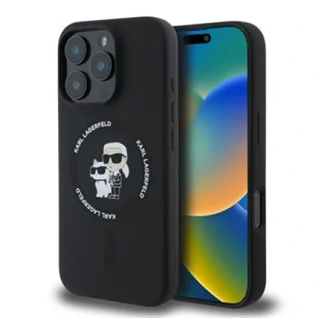 Husă spate Karl Lagerfeld din silicon lichid Karl and Choupette MagSafe pentru iPhone 16 Pro, neagră