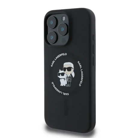 Husă spate Karl Lagerfeld din silicon lichid Karl and Choupette MagSafe pentru iPhone 16 Pro, neagră