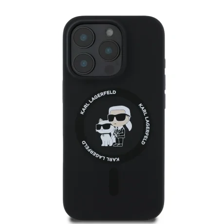 Husă spate Karl Lagerfeld din silicon lichid Karl and Choupette MagSafe pentru iPhone 16 Pro, neagră