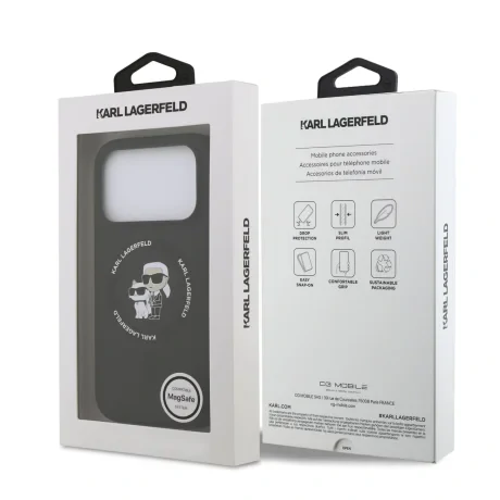 Husă spate Karl Lagerfeld din silicon lichid Karl and Choupette MagSafe pentru iPhone 17 Pro Max, neagră