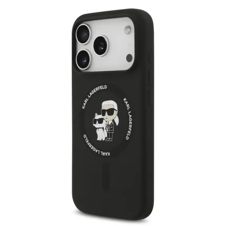 Husă spate Karl Lagerfeld din silicon lichid Karl and Choupette MagSafe pentru iPhone 17 Pro Max, neagră