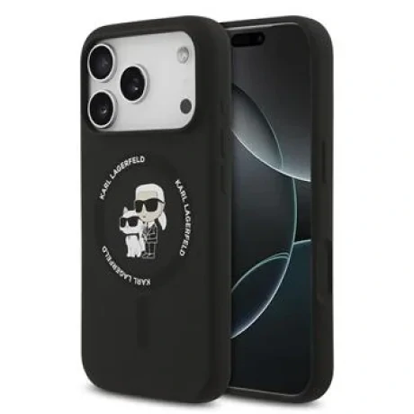 Husă spate Karl Lagerfeld din silicon lichid Karl and Choupette MagSafe pentru iPhone 17 Pro Max, neagră