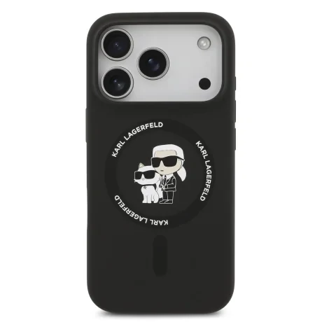 Husă spate Karl Lagerfeld din silicon lichid Karl and Choupette MagSafe pentru iPhone 17 Pro Max, neagră