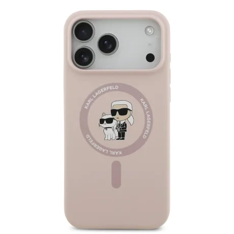 Husă spate Karl Lagerfeld din silicon lichid Karl and Choupette MagSafe pentru iPhone 17 Pro Max, roz