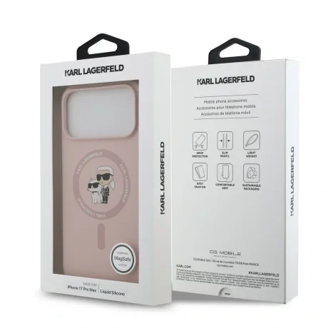 Husă spate Karl Lagerfeld din silicon lichid Karl and Choupette MagSafe pentru iPhone 17 Pro Max, roz