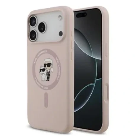 Husă spate Karl Lagerfeld din silicon lichid Karl and Choupette MagSafe pentru iPhone 17 Pro Max, roz