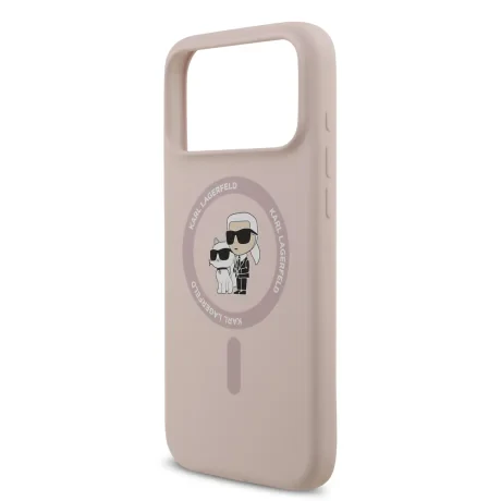 Husă spate Karl Lagerfeld din silicon lichid Karl and Choupette MagSafe pentru iPhone 17 Pro Max, roz