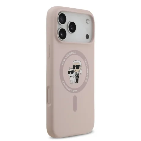 Husă spate Karl Lagerfeld din silicon lichid Karl and Choupette MagSafe pentru iPhone 17 Pro Max, roz