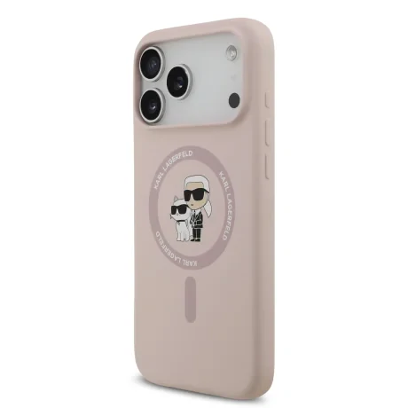 Husă spate Karl Lagerfeld din silicon lichid Karl and Choupette MagSafe pentru iPhone 17 Pro Max, roz