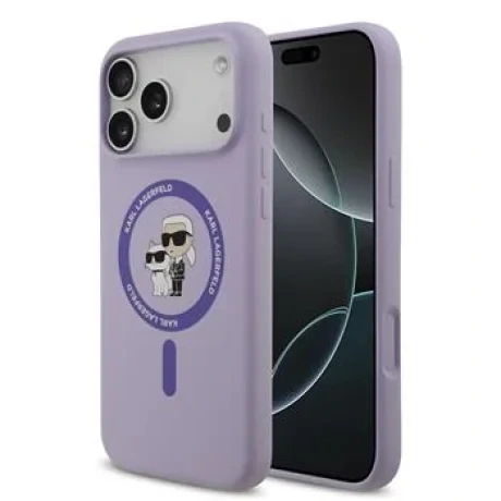 Husă spate Karl Lagerfeld din silicon lichid Karl and Choupette MagSafe pentru iPhone 17 Pro Max, violet