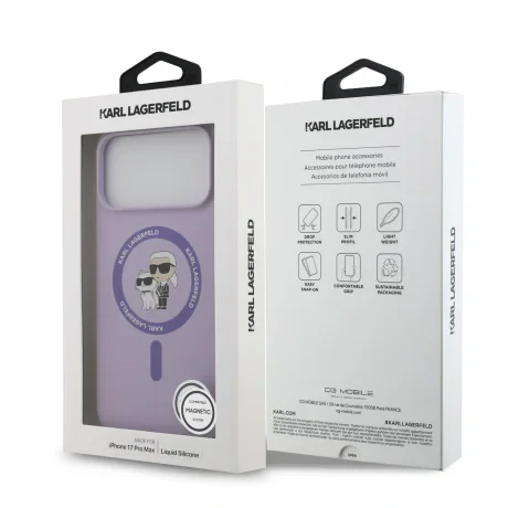 Husă spate Karl Lagerfeld din silicon lichid Karl and Choupette MagSafe pentru iPhone 17 Pro Max, violet