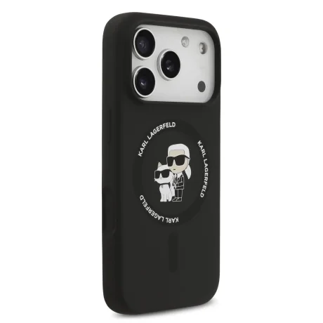 Husă spate Karl Lagerfeld din silicon lichid Karl and Choupette MagSafe pentru iPhone 17 Pro, neagră