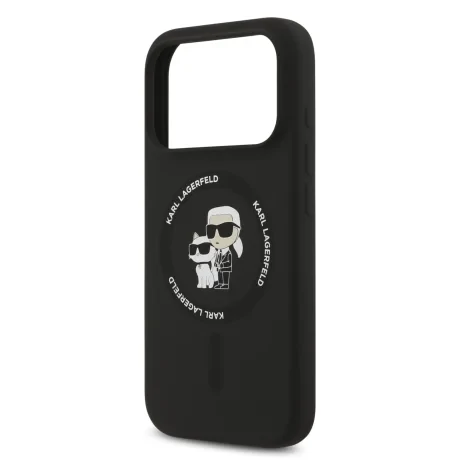 Husă spate Karl Lagerfeld din silicon lichid Karl and Choupette MagSafe pentru iPhone 17 Pro, neagră