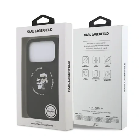 Husă spate Karl Lagerfeld din silicon lichid Karl and Choupette MagSafe pentru iPhone 17 Pro, neagră