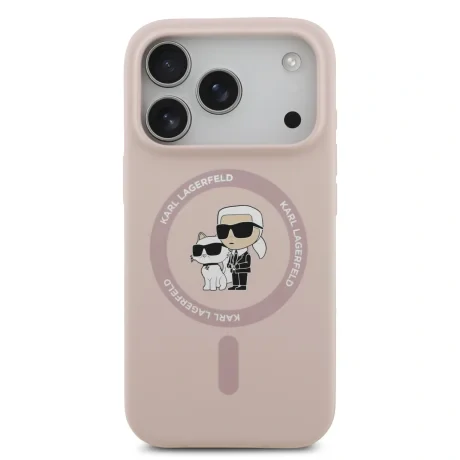 Husă spate Karl Lagerfeld din silicon lichid Karl and Choupette MagSafe pentru iPhone 17 Pro, roz