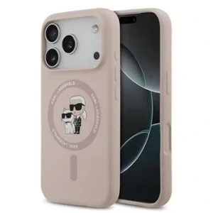 Husă spate Karl Lagerfeld din silicon lichid Karl and Choupette MagSafe pentru iPhone 17 Pro, roz
