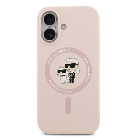 Husă spate Karl Lagerfeld din silicon lichid Karl and Choupette MagSafe pentru iPhone 17, roz