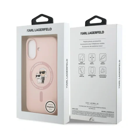 Husă spate Karl Lagerfeld din silicon lichid Karl and Choupette MagSafe pentru iPhone 17, roz