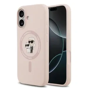 Husă spate Karl Lagerfeld din silicon lichid Karl and Choupette MagSafe pentru iPhone 17, roz