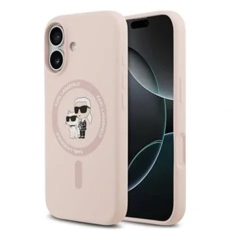 Husă spate Karl Lagerfeld din silicon lichid Karl and Choupette MagSafe pentru iPhone 17, roz
