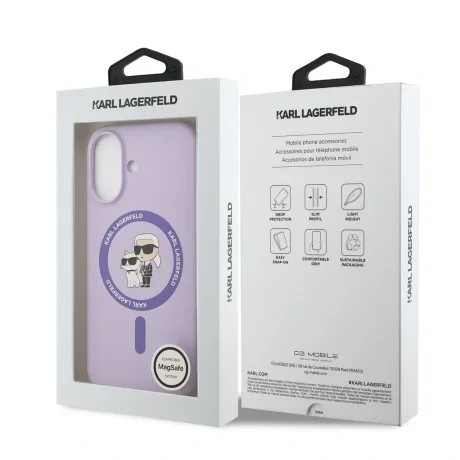 Husă spate Karl Lagerfeld din silicon lichid Karl and Choupette MagSafe pentru iPhone 17, violet