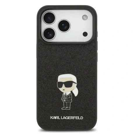 Husă spate Karl Lagerfeld Fixed Glitter Metal Ikonik pentru iPhone 17 Pro, neagră