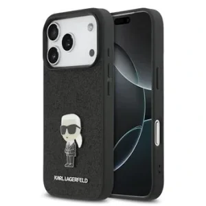 Husă spate Karl Lagerfeld Fixed Glitter Metal Ikonik pentru iPhone 17 Pro, neagră