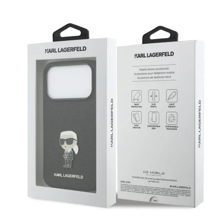 Husă spate Karl Lagerfeld Fixed Glitter Metal Ikonik pentru iPhone 17 Pro, neagră