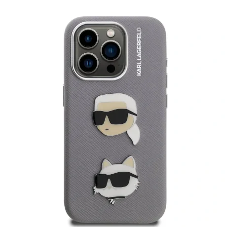 Husă spate Karl Lagerfeld Grained PU K&amp;amp;CH Heads pentru iPhone 15 Pro, gri