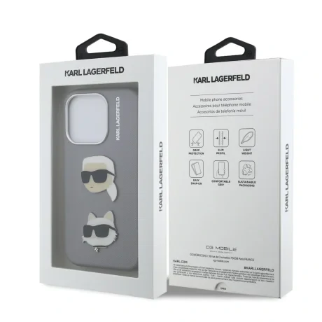Husă spate Karl Lagerfeld Grained PU K&amp;amp;CH Heads pentru iPhone 15 Pro, gri