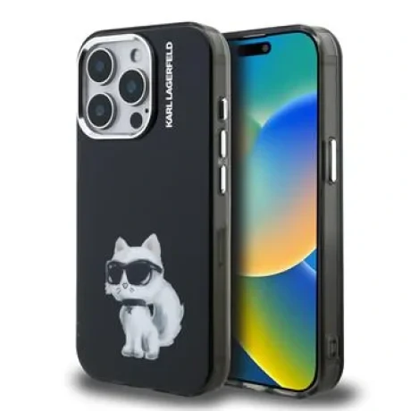 Husă spate Karl Lagerfeld IML Aquarelle Choupette pentru iPhone 15 Pro, neagră