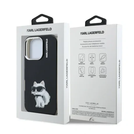Husă spate Karl Lagerfeld IML Aquarelle Choupette pentru iPhone 16 Pro Max, neagră