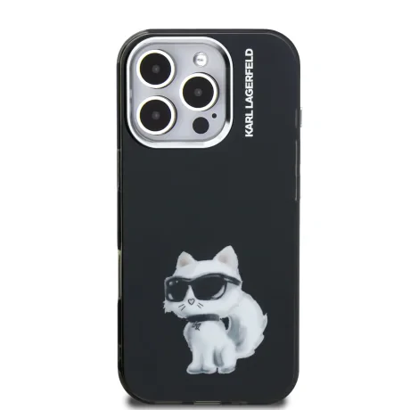 Husă spate Karl Lagerfeld IML Aquarelle Choupette pentru iPhone 16 Pro Max, neagră