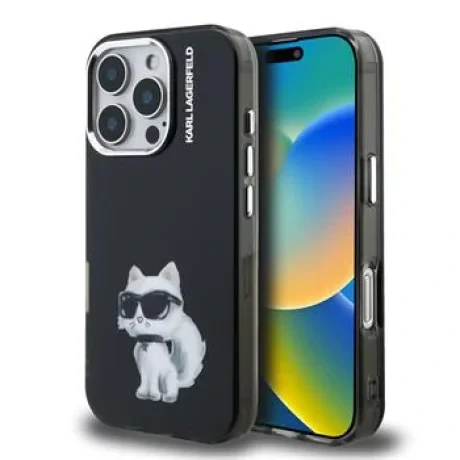 Husă spate Karl Lagerfeld IML Aquarelle Choupette pentru iPhone 16 Pro Max, neagră