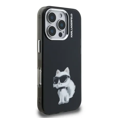 Husă spate Karl Lagerfeld IML Aquarelle Choupette pentru iPhone 16 Pro, neagră