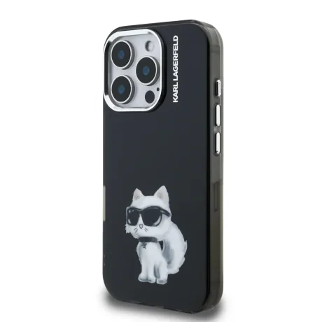 Husă spate Karl Lagerfeld IML Aquarelle Choupette pentru iPhone 16 Pro, neagră
