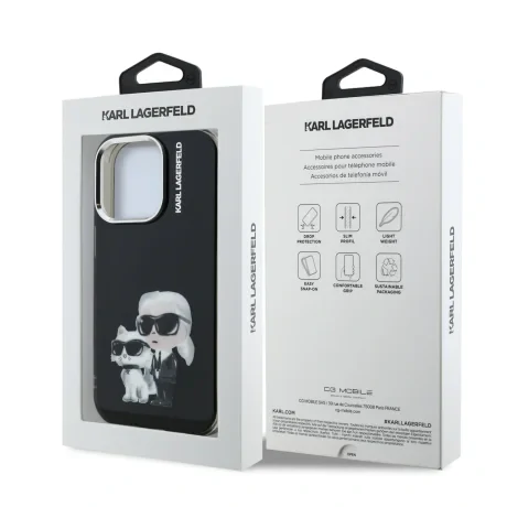 Husă spate Karl Lagerfeld IML Aquarelle Karl and Choupette pentru iPhone 15 Pro Max, neagră