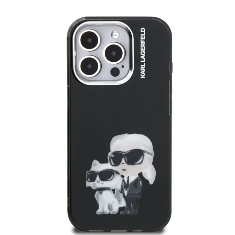 Husă spate Karl Lagerfeld IML Aquarelle Karl and Choupette pentru iPhone 15 Pro Max, neagră