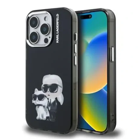 Husă spate Karl Lagerfeld IML Aquarelle Karl and Choupette pentru iPhone 15 Pro, neagră
