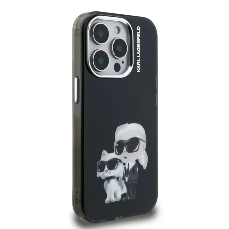 Husă spate Karl Lagerfeld IML Aquarelle Karl and Choupette pentru iPhone 15 Pro, neagră