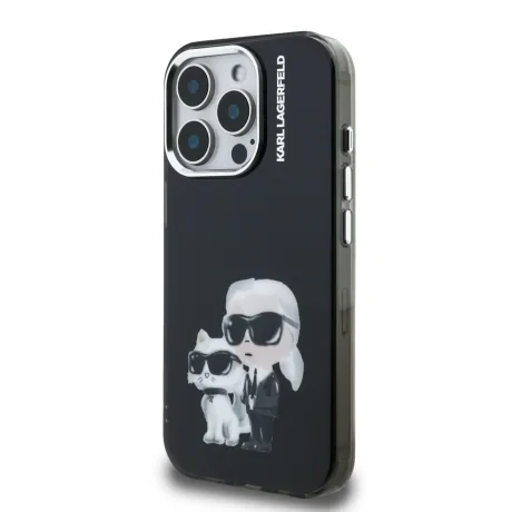 Husă spate Karl Lagerfeld IML Aquarelle Karl and Choupette pentru iPhone 15 Pro, neagră