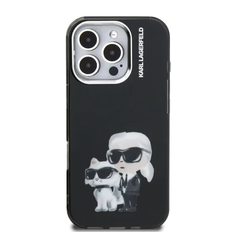 Husă spate Karl Lagerfeld IML Aquarelle Karl and Choupette pentru iPhone 16 Pro Max, neagră