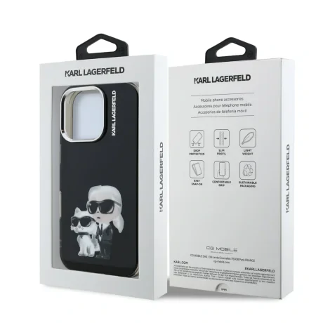 Husă spate Karl Lagerfeld IML Aquarelle Karl and Choupette pentru iPhone 16 Pro Max, neagră