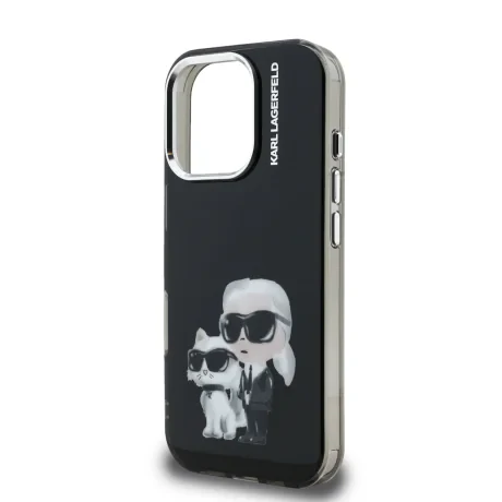 Husă spate Karl Lagerfeld IML Aquarelle Karl and Choupette pentru iPhone 16 Pro, neagră
