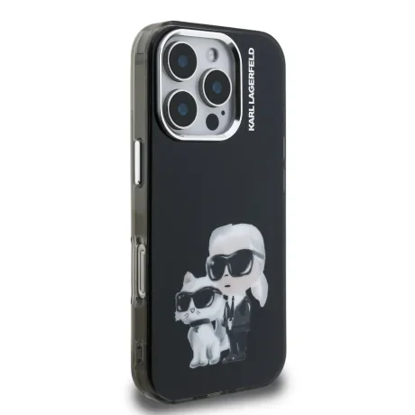 Husă spate Karl Lagerfeld IML Aquarelle Karl and Choupette pentru iPhone 16 Pro, neagră
