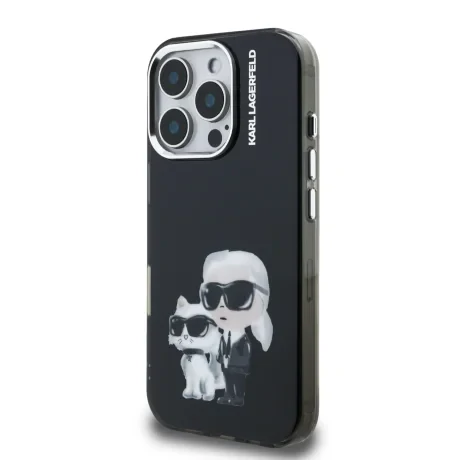 Husă spate Karl Lagerfeld IML Aquarelle Karl and Choupette pentru iPhone 16 Pro, neagră
