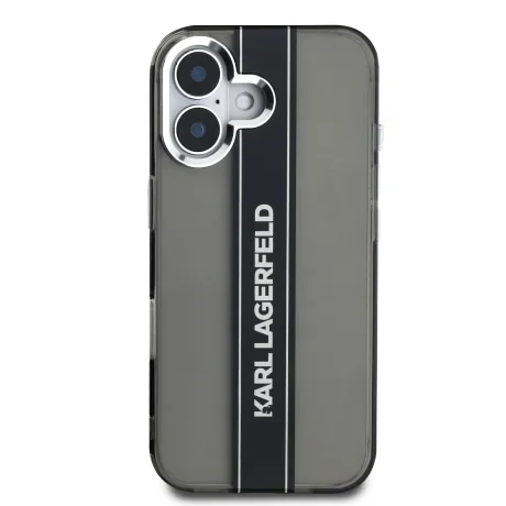 Husă spate Karl Lagerfeld IML cu dungi și logo pentru iPhone 16, neagră